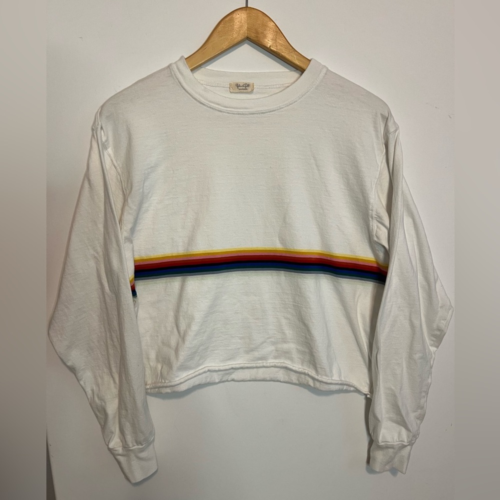 Brandy Melville White Long Sleeve Crop Top with Rainbow Band